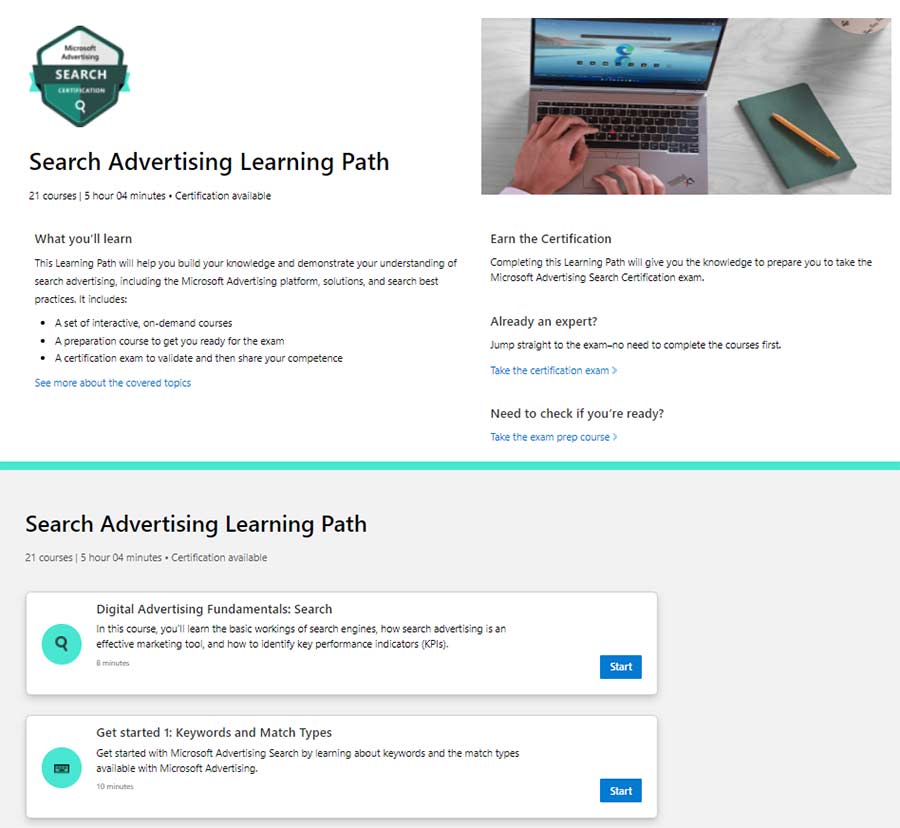 Snapshot of the Search Advertising Learning Path page.