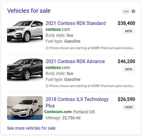Example of Automotive Vertical Ads on the Microsoft Bing search results page.