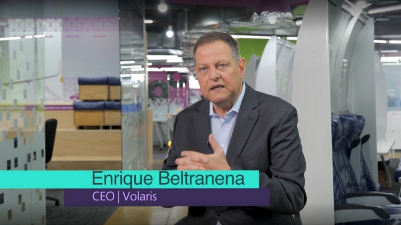 In-action photo of Enrique Beltranena, CEO of Volaris, being interviewed for The Download