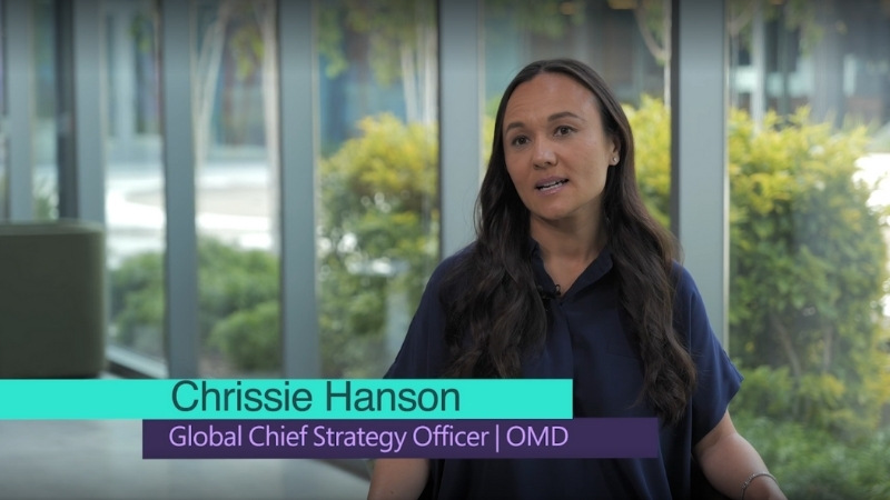 In-action photo of Chrissie Hanson, Global Chief Strategy Officer of OMD, being interviewed for The Download