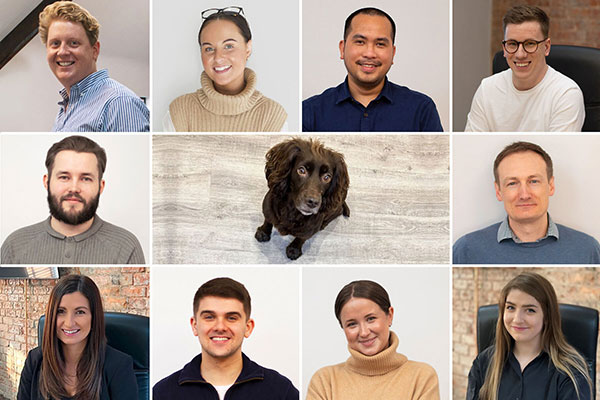 A collage of pictures of Wriggle Marketing’s team, including their dog in the middle.