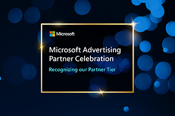 Microsoft Advertising Partner Celebration logo on a blue bubbles background.
