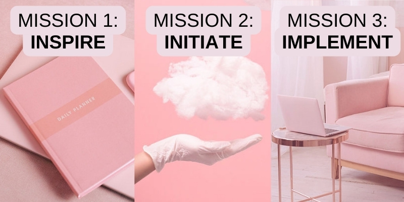 Pink lifestyle images with text emphasizing the Transform the Norm Program steps: "Mission 1: Inspire," "Mission 2: Initiate," "Mission 3: Implement"