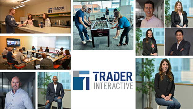 Collage of pictures of the Trader Interactive team and logo showing their workers and office space.