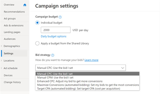 View of campaign settings platform where you can select the Manual CPC option, among others.