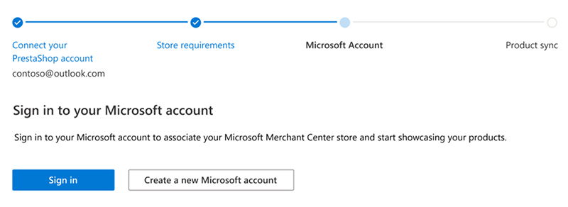 View of the install step where you can sign in with your Microsoft Advertising account or create a new one.