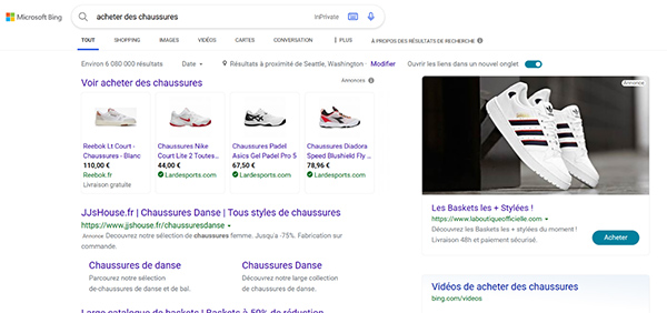Example of ads in French in the search engine results page.