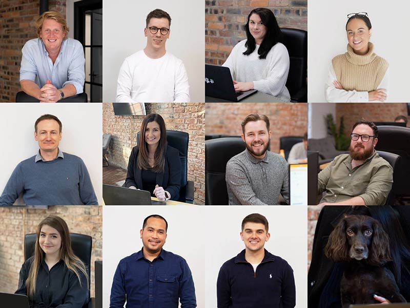 A collage of images of Wriggle Marketing’s employees, including 11 people and a dog.