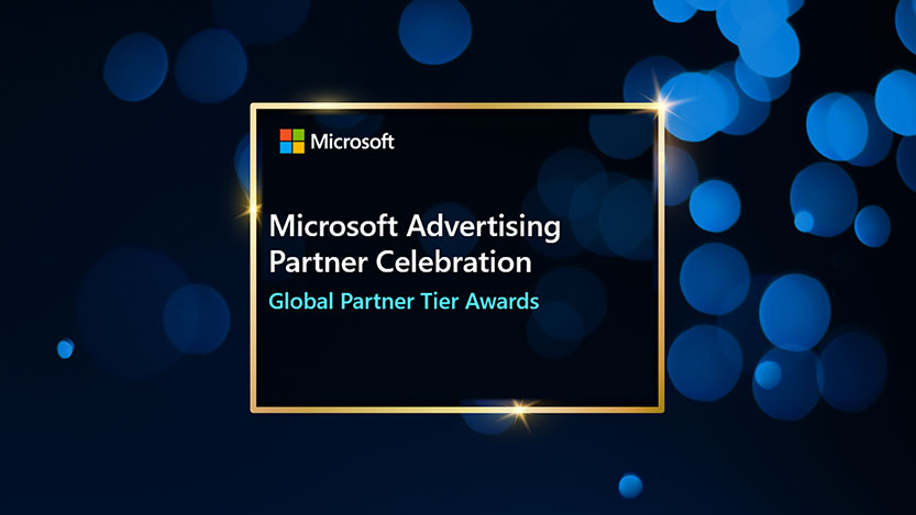 The words Microsoft Advertising Partner Celebration, Global Partner Tier Awards over a blue background.