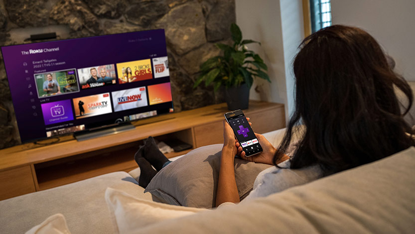 A person seen from behind is sitting in a couch watching Roku.