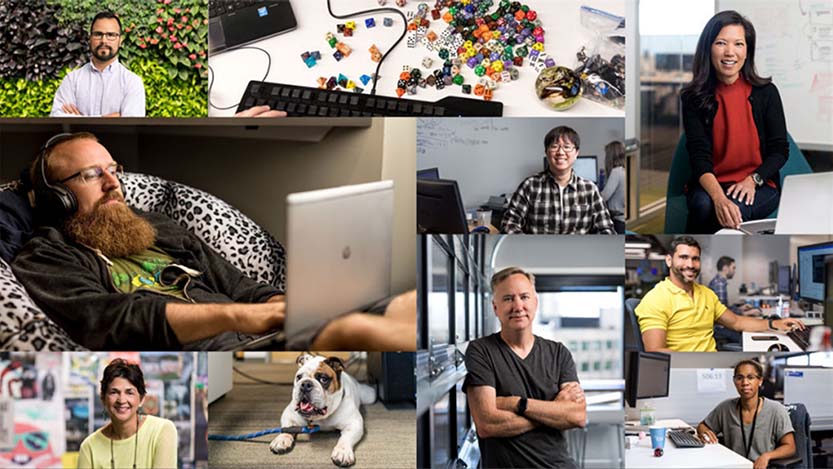 Collage of different people working from home and the office.