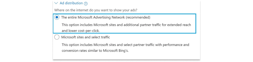 Ad distribution settings within Microsoft Advertising campaigns.