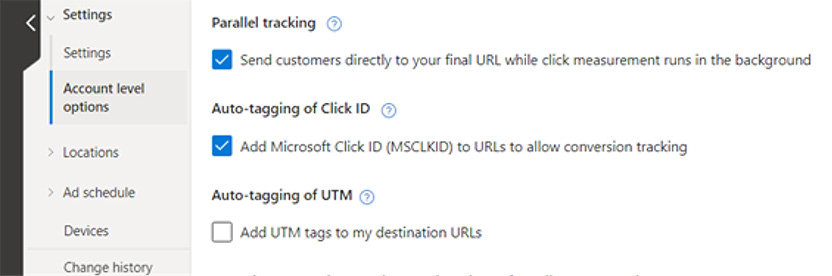 Microsoft Click ID auto-tagging option.