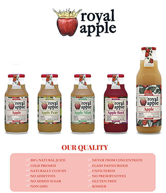 five bottles of different presentations of Royal Apple juice accompanied by a list of quality attributes.
