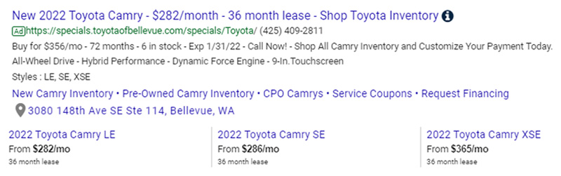 Snapshot of a search results page ad example for the new 2022 Toyota Camry.
