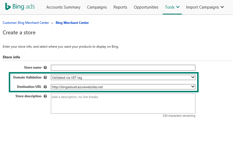 Screenshot of Bing Ads Store domain validation
