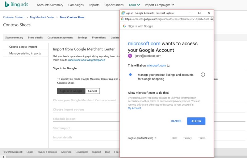 Google Merchant center permission pop up for Bing Ads