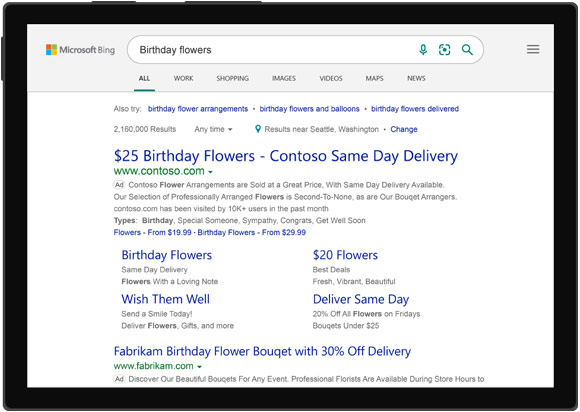 Example of search ads on Microsoft Bing