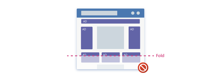 Illustration of a landing page featuring a high density of advertisements above the fold.