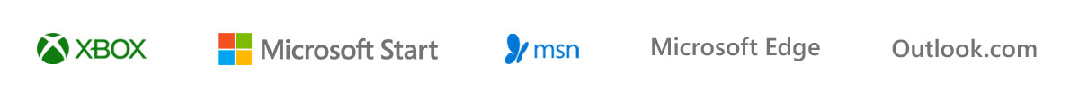 Logotipos das marcas Xbox, Microsoft Start, MSN, Microsoft Edge e Outlook.com