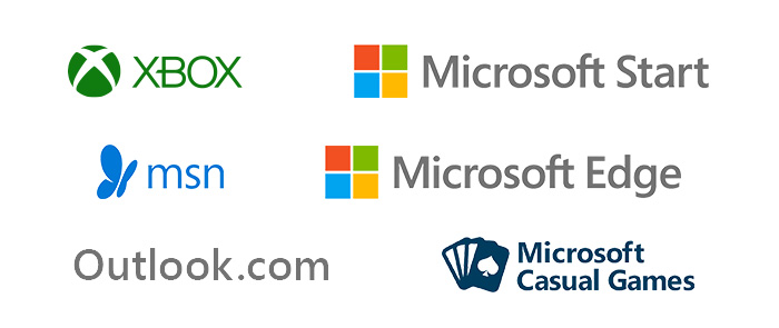 Logotipos das marcas Xbox, Microsoft Casual Games, Microsoft Start, MSN, Microsoft Edge e Outlook.com