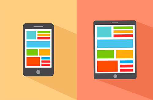 Different blocks of color create a mockup of website content displayed on a cellphone and tablet vector.