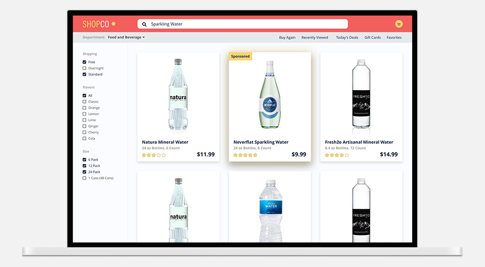 Example of a sponsored sparkling water ad in the search results page.
