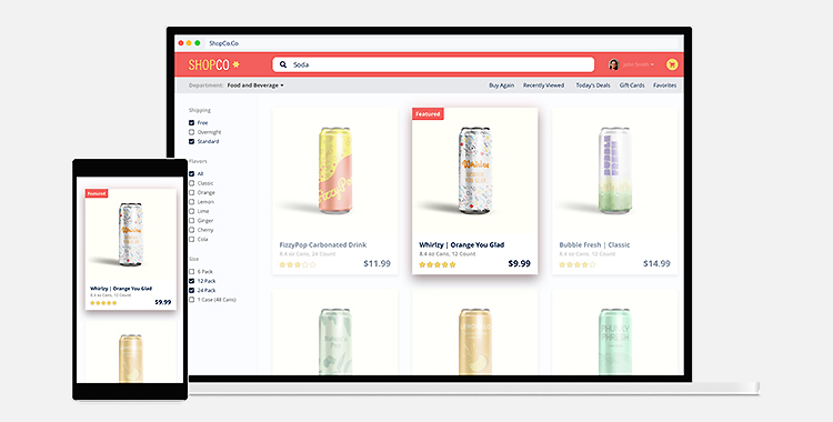 Example of a featured product for the search of "soda" as seen on a monitor and a cell phone.